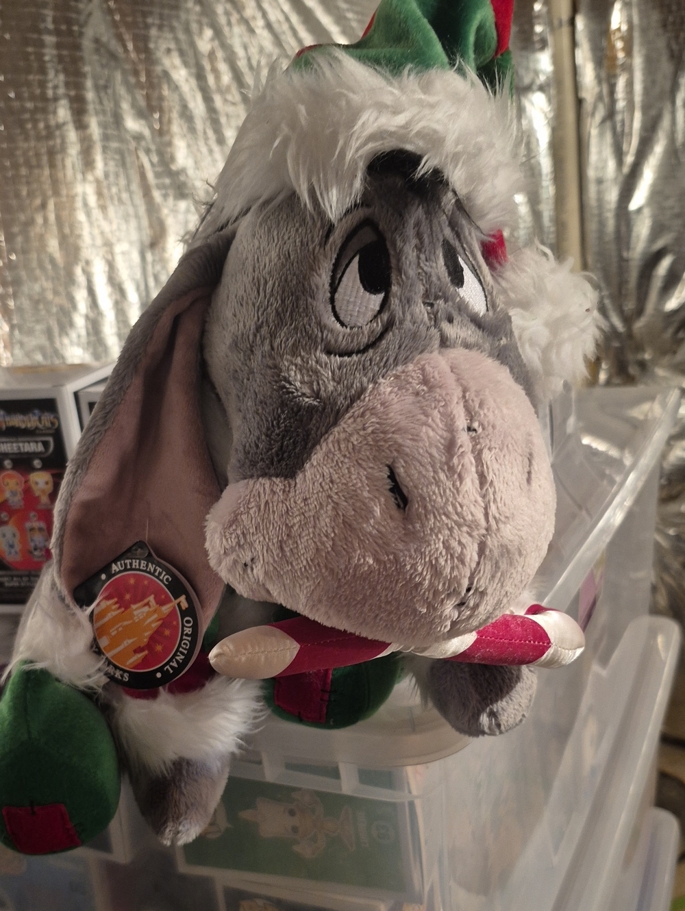 Disney Gray & Pink Eeyore Plush with Holiday Hat and Candy Cane
